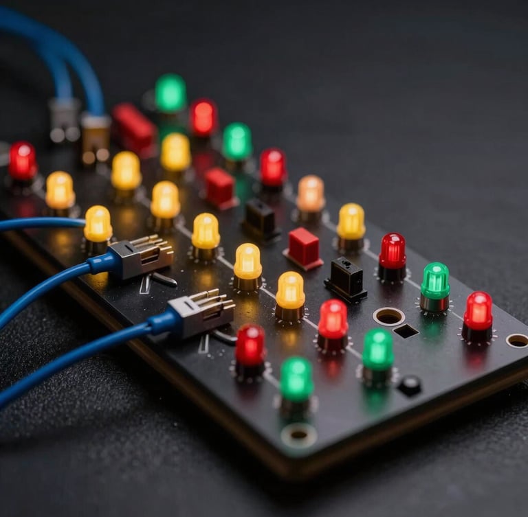 Macro close-up of a dark breadboard with glowing red, yellow, and green LEDs wired cleanly with blue jumper cables, high-contrast studio lighting, dark background.