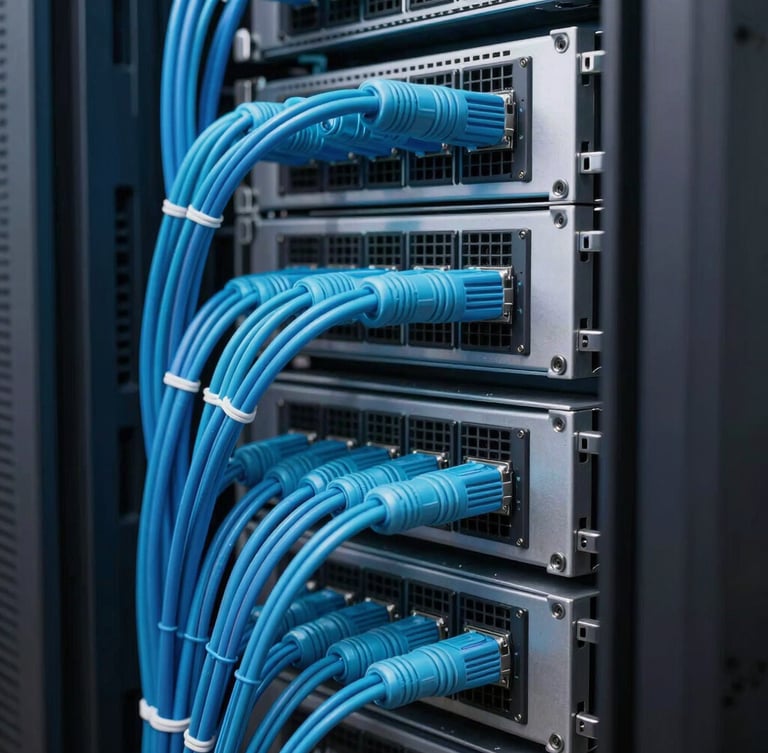 Close-up of a high-performance server rack with meticulously organized cyan and blue cables, cool ambient LED glow, crisp editorial tech environment
