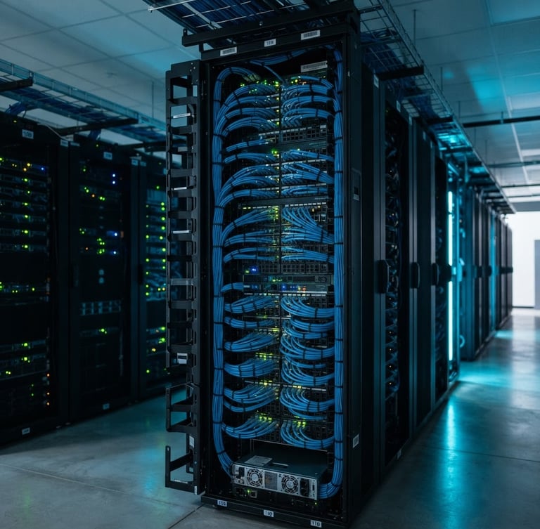 Crisp editorial photography of clean modern server racks with tidy blue ethernet cabling, soft cyan ambient glow, 35mm lens, wide angle.