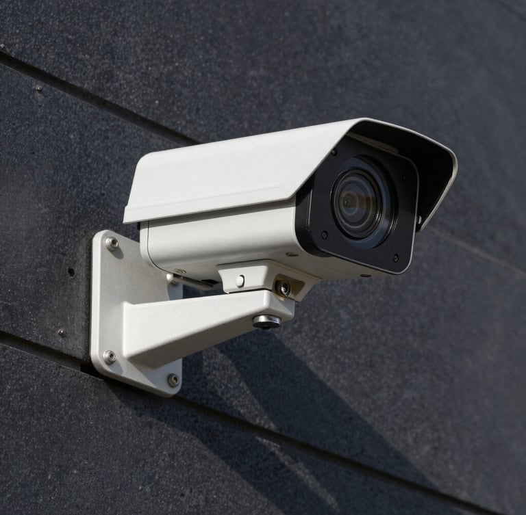Close-up of a high-end commercial CCTV camera mounted cleanly on a dark architectural concrete wall, sharp straight-on technical angle, bright Western Australian daylight, crisp high-contrast shadows.