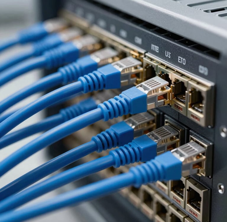 Macro technical shot of perfectly combed blue Cat6 cables terminated into a black patch panel, bright indoor commercial lighting, straight angles.