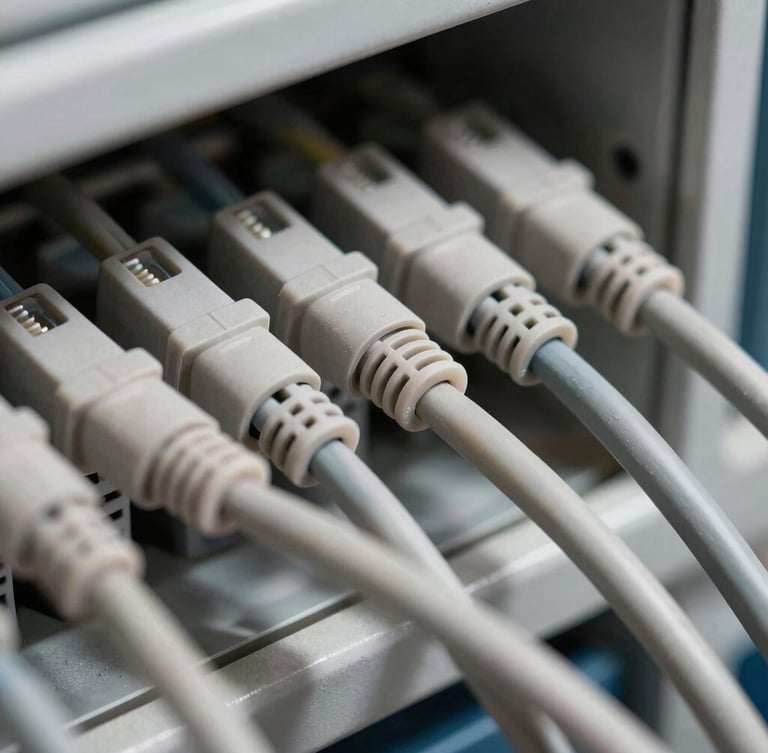 Macro shot of impeccably neat security cabling terminated inside a structured enclosure, combed wires, high contrast shadows
