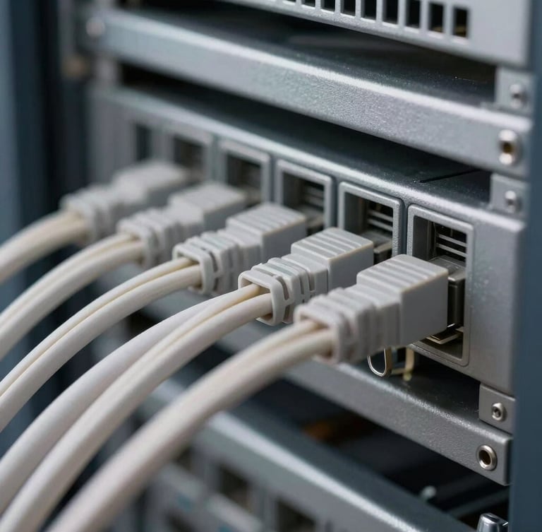 Close-up macro shot of impeccably neat, combed data cabling inside a professional network rack, bright technical lighting.