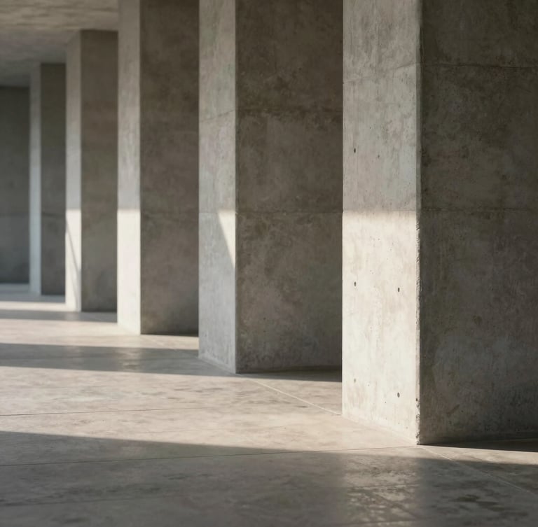Minimalist close-up of architectural concrete columns in soft morning daylight, casting long geometric shadows across a clean stone floor.