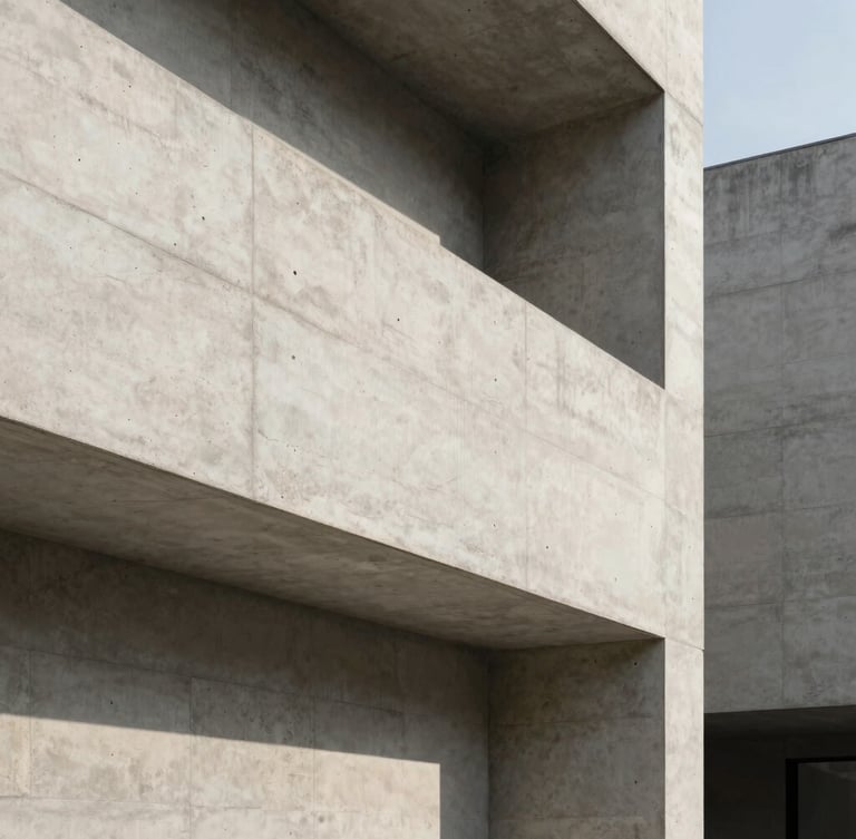 Architectural detail of a minimalist concrete facade under soft directional daylight, clean structural lines, generous negative space.