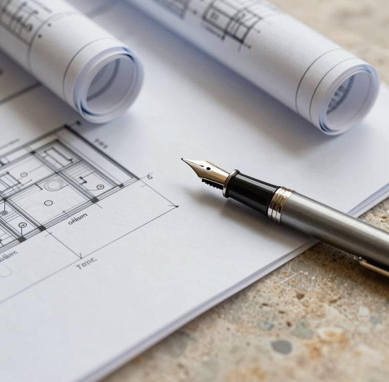 Macro detail of physical research documents, architectural blueprints, and a classic fountain pen resting on a warm stone surface, soft natural side lighting