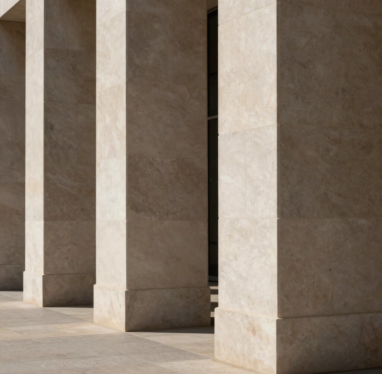 A sharp architectural detail of modern limestone columns aligned under soft, directional natural daylight, minimal shadows, editorial style