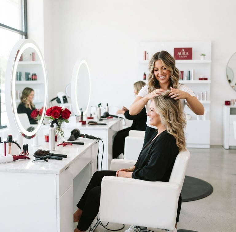 Bright editorial beauty photography of a modern, clean salon interior, high-key studio lighting with pristine white workstations and subtle crimson accents, 85mm portrait lens.