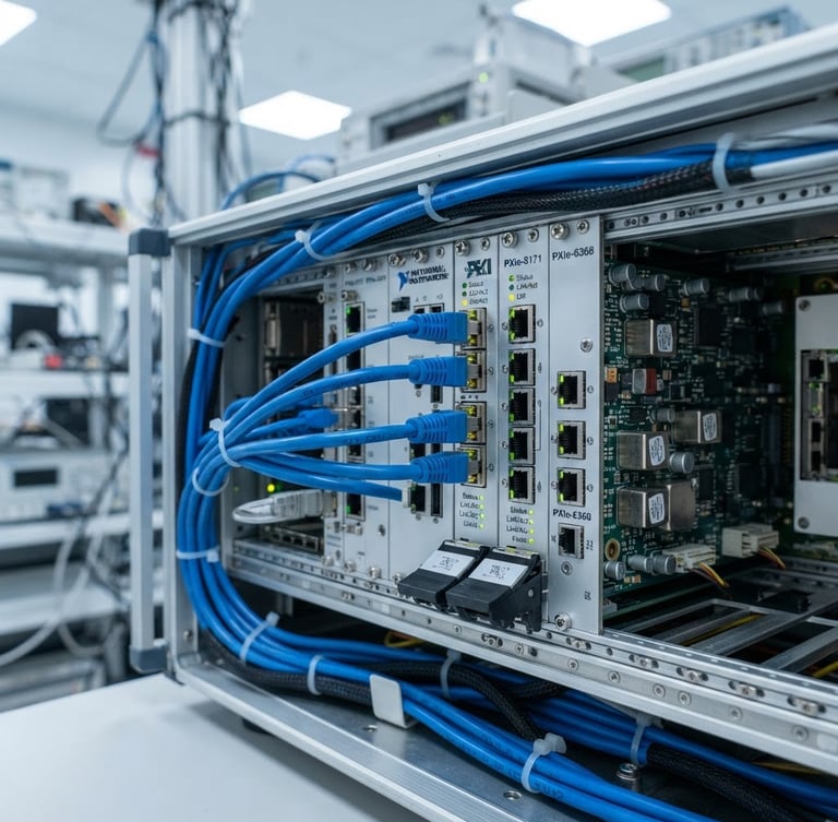 Macro shot of a clean-room PXI test chassis with blue ethernet cabling, silver metal shielding, and sharp laboratory lighting, 35mm
