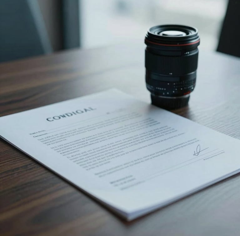 Close-up of a signed legal contract on a dark wooden table, soft office lighting, desaturated blue tones, 35mm lens
