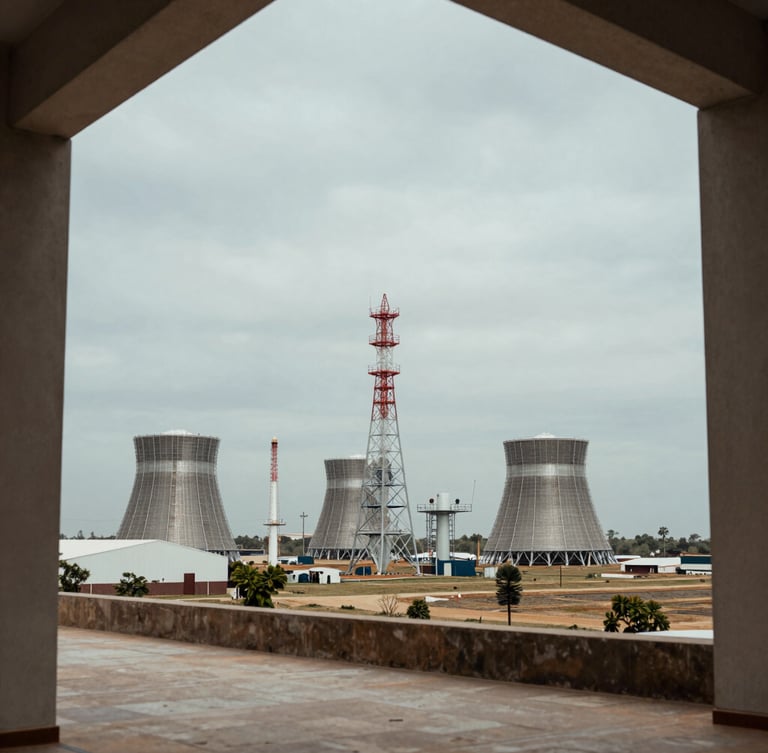Wide panoramic shot of a modern energy infrastructure site in Mexico under an overcast sky, architectural framing, muted earth tones