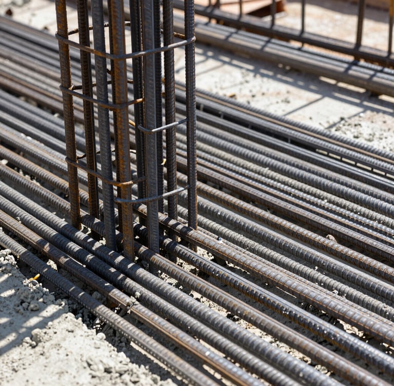 Close-up documentary construction photography of raw steel reinforcement bars and fresh concrete pouring on an active site, sharp focus, 35mm lens.