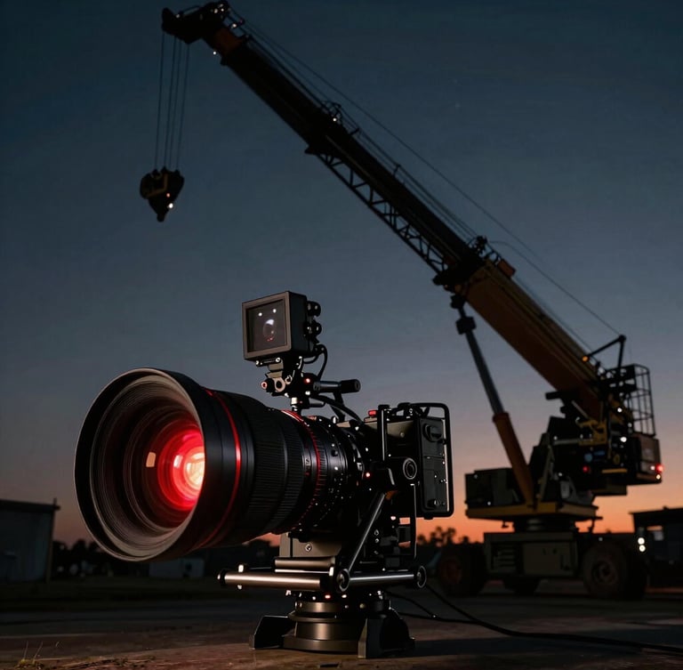 Extreme wide anamorphic shot of a film set at night, a massive camera crane silhouetted against dramatic cinematic lighting, low-key chiaroscuro, deep red accent light on the lens