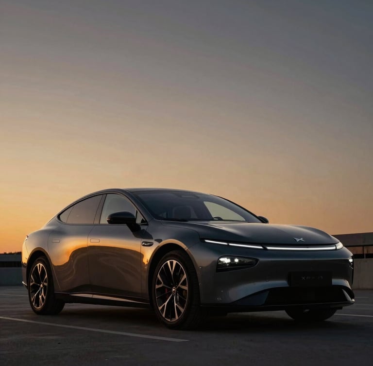 Cinematic wide shot of the sleek dark metallic XPENG P7+ parked in Toulouse at twilight, golden hour reflections on the aerodynamic body, low-key lighting, luxury atmosphere.