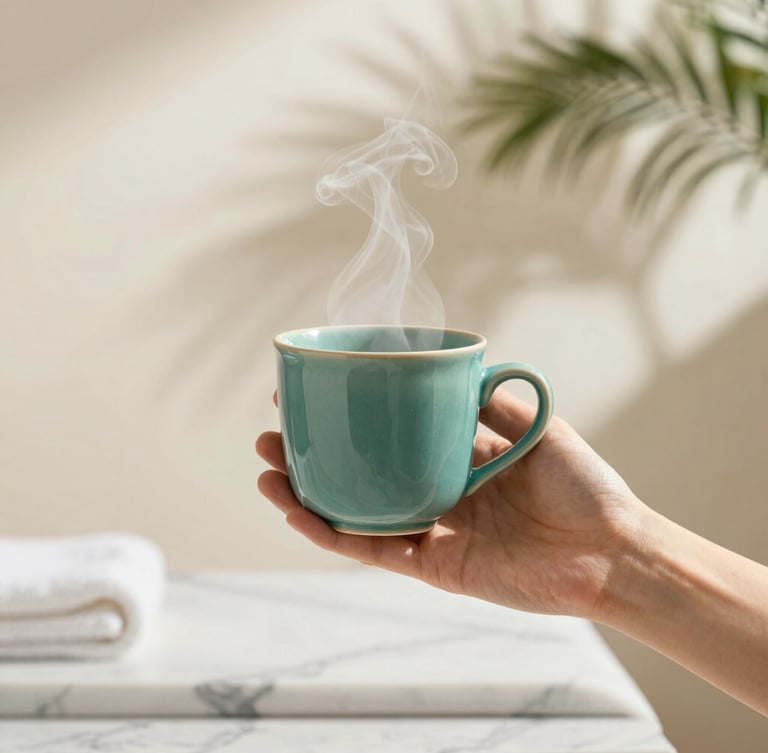 Portrait shot of a hand gently holding a premium teal ceramic mug, steam rising, against a soft-focus background of a sunlit wellness studio with a subtle palm leaf shadow. The image bleeds to the right edge.