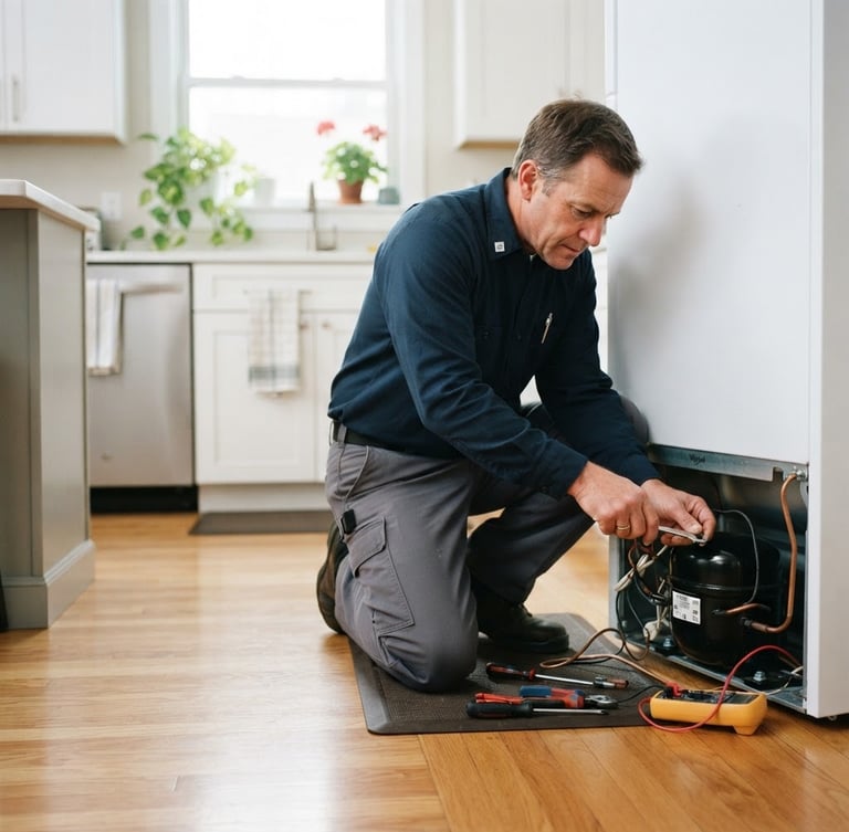 Professional technician in a clean, branded uniform working on a refrigerator compressor, hands-at-work, bright natural home lighting, sharp focus, 35mm lens, subject on the right third, ample negative space on the left.