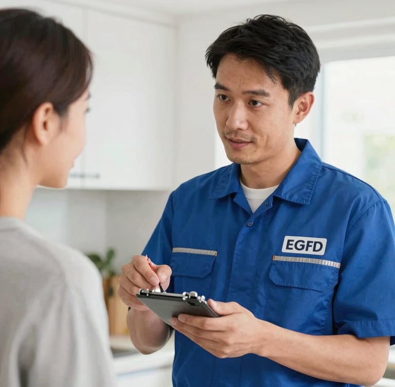 Medium close-up of a professional technician in a branded uniform, politely discussing a repair with a homeowner in a bright, natural home kitchen setting, sharp focus.