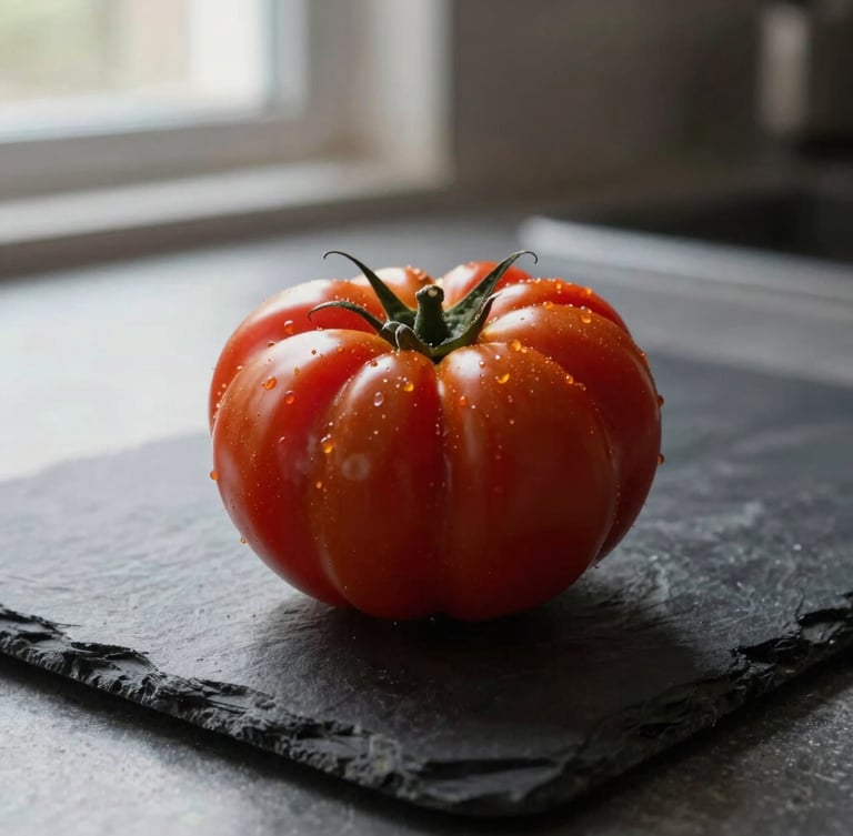 A macro shot of a raw, deeply textured heirloom tomato resting on a dark slate kitchen prep table, soft side-lighting from a nearby window, shallow depth of field.