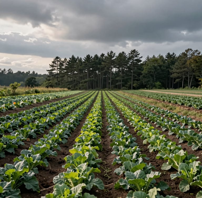 Overcast morning light over a wide New England organic farm, neat rows of leafy greens stretching toward a distant line of pine trees under a heavy grey sky, cinematic 21:9 composition