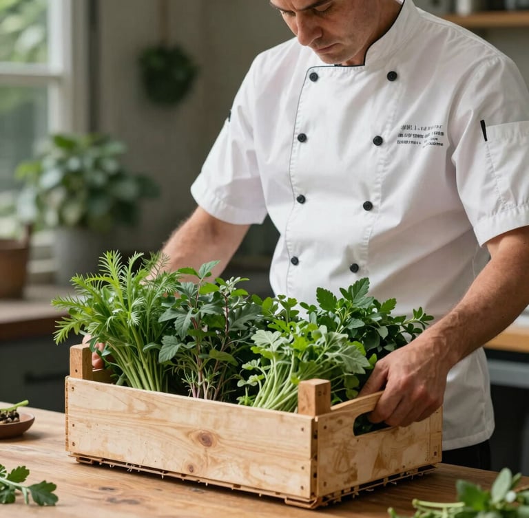 Overcast daylight shot of a chef standing at a wooden table outdoors, holding a crate of freshly harvested dark green herbs.