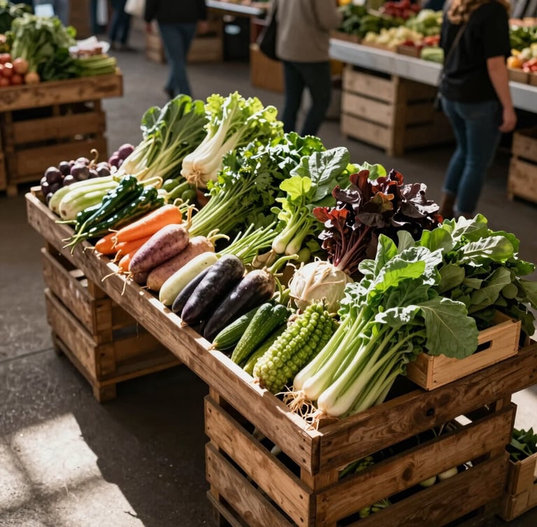 Overhead view of an indoor artisanal market stall, sunbeams lighting fresh heirloom vegetables, rustic wooden crates, and shoppers in soft focus.
