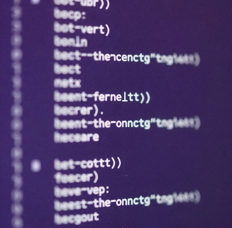 Macro close-up of a high-contrast digital interface displaying minimalist code structure, cool violet ambient light with sharp highlights, clean and technical layout.