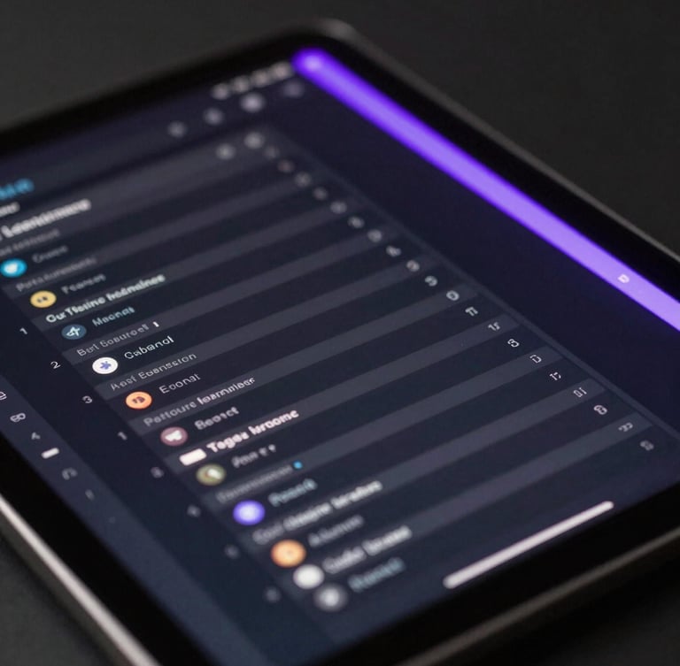 Macro close-up of a dark, high-contrast digital learning interface on a tablet screen, sharp neon violet highlights, cool ambient lighting, precise lines.
