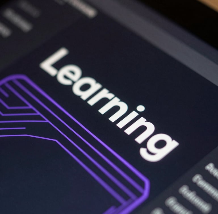 Macro close-up of a high-contrast dark digital learning interface, sharp violet lines, clean typography, abstract geometric pathways, cool moody ambient light with sharp highlights