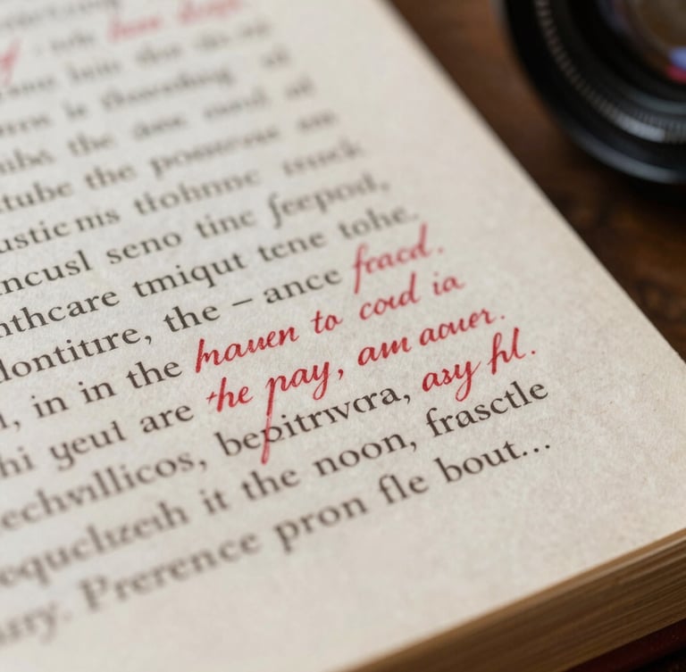 A close-up macro shot of a physical book manuscript page, heavily annotated with elegant red-pen corrections, soft side-lighting highlighting the paper texture.
