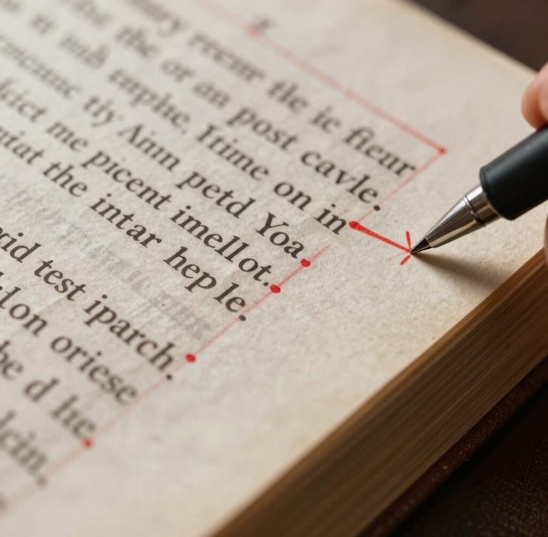Extreme macro shot of a heavily annotated physical manuscript page, red pen corrections marking the margins, soft side lighting highlighting paper texture.