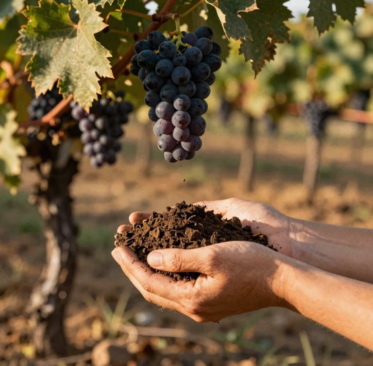 Hands holding rich clay soil and dark grape clusters in a sun-dappled Sonoma vineyard, warm editorial photography, golden-hour light, shallow depth of field