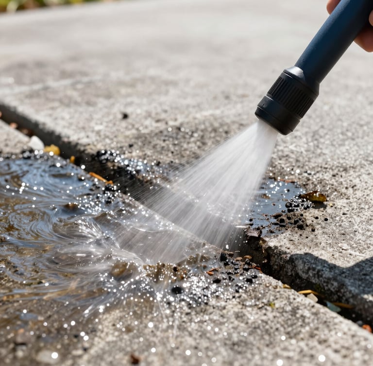 Extreme close-up of high-pressure water blasting away dark mold on a concrete driveway, bright Florida sunlight, sparkling water beads, 35mm lens