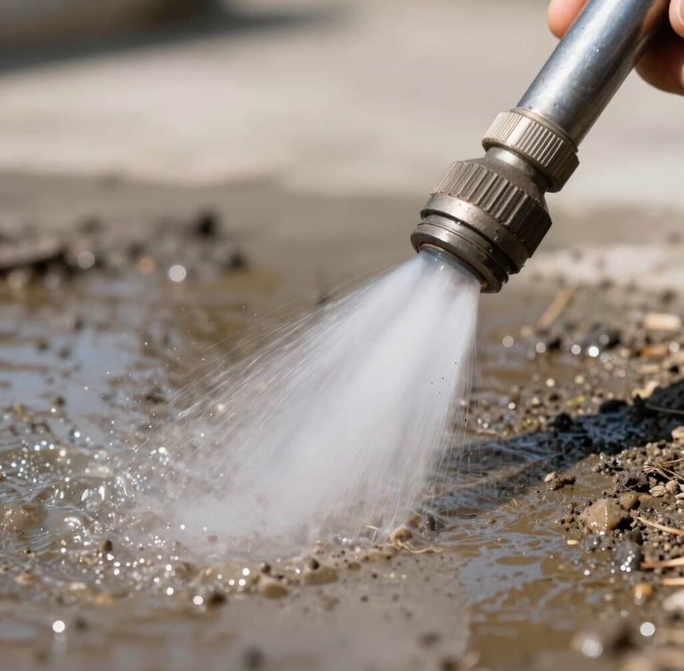 Extreme close-up of a high-pressure water nozzle blasting a dirty surface, clinical lighting, water vapor, sharp focus, 35mm lens