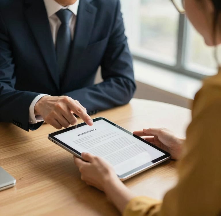Professional collaborative meeting in a modern office, two people reviewing legal documents on a tablet, natural window light, deep navy and warm gold tones, shallow depth of field, focused on interaction.