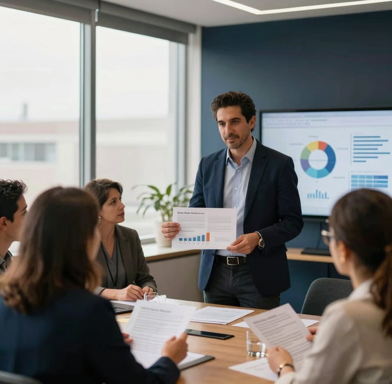 Rubén Darío Rodríguez Murcia en una reunión colaborativa con clientes, mostrando documentos y gráficos en una pantalla, con luz natural de ventana. Ambiente de oficina moderno y profesional.