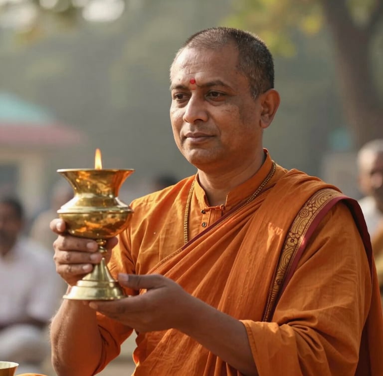 Serene portrait of a qualified Vedic priest in traditional saffron attire, holding a sacred brass vessel, warm natural morning light, shallow depth of field