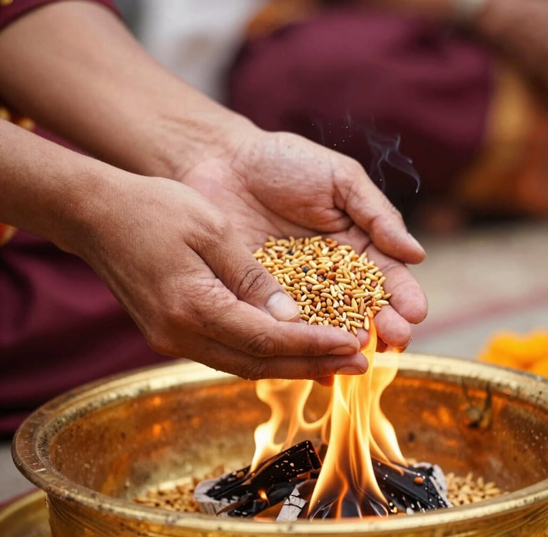 Close-up of hands offering grains into a sacred golden fire, warm embers, shallow depth of field, traditional Vedic ritual setting.