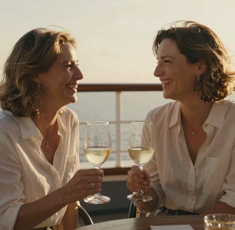 Warm, candid medium shot of two midlife women laughing over glasses of white wine on a sunlit ship deck, soft golden hour lighting, relaxed atmosphere.