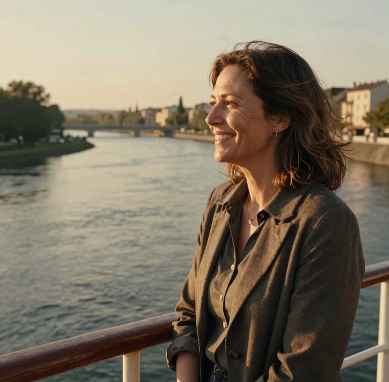 A midlife woman with soft laughter lines, looking out over a sunlit European river bend from a ship deck, warm golden hour light, candid medium shot, editorial feel.