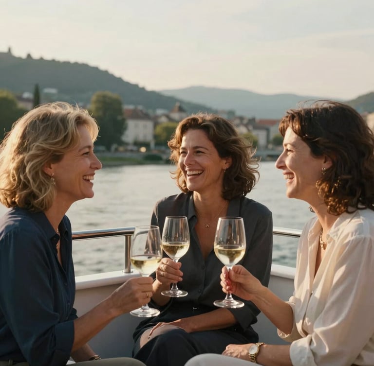 Candid medium shot of three midlife women laughing over glasses of white wine on a sunny riverboat deck, warm golden hour light, soft focus background of European hills.