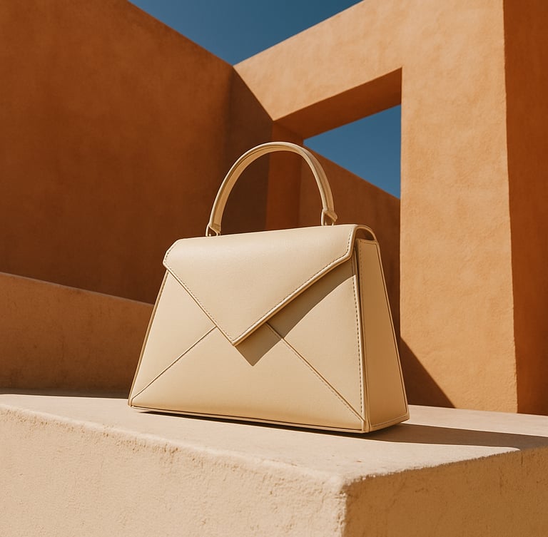 Low-angle architectural shot of a sharp, cream-colored geometric leather handbag resting on a sun-baked white plaster ledge under harsh midday sun, casting a long, crisp shadow, warm Mediterranean light, 35mm