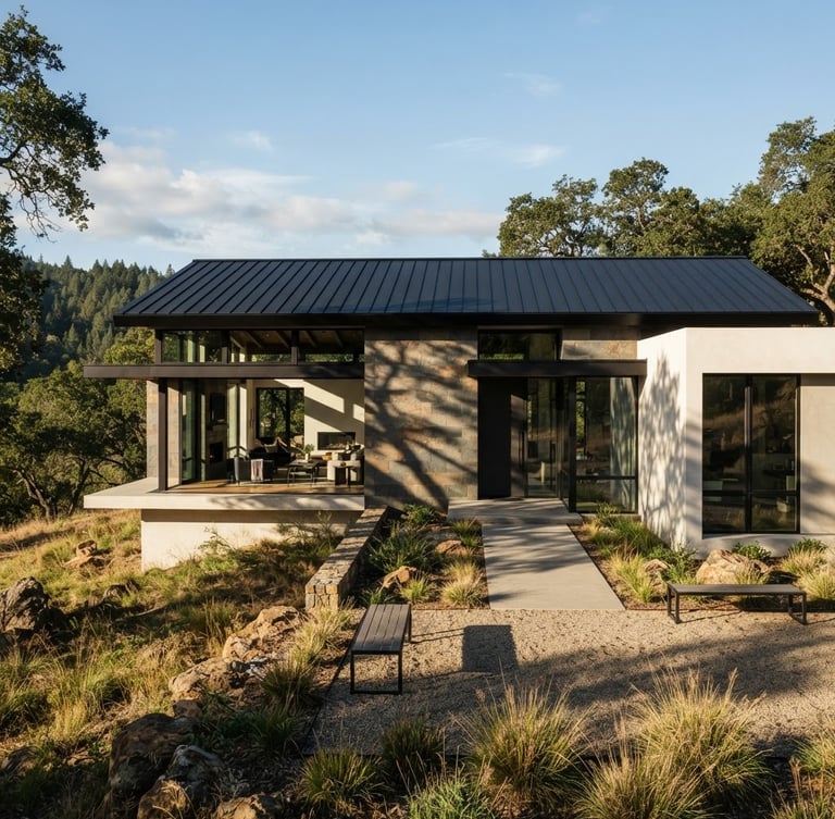 Wide-angle architectural exterior of a modern minimalist home with a matte black metal roof under sharp afternoon sunlight, deep shadows, slate tones, panels sitting completely flush