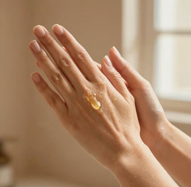 Close-up of hands gently pressing a golden face oil onto clean, dewy skin, warm morning light, shallow depth of field