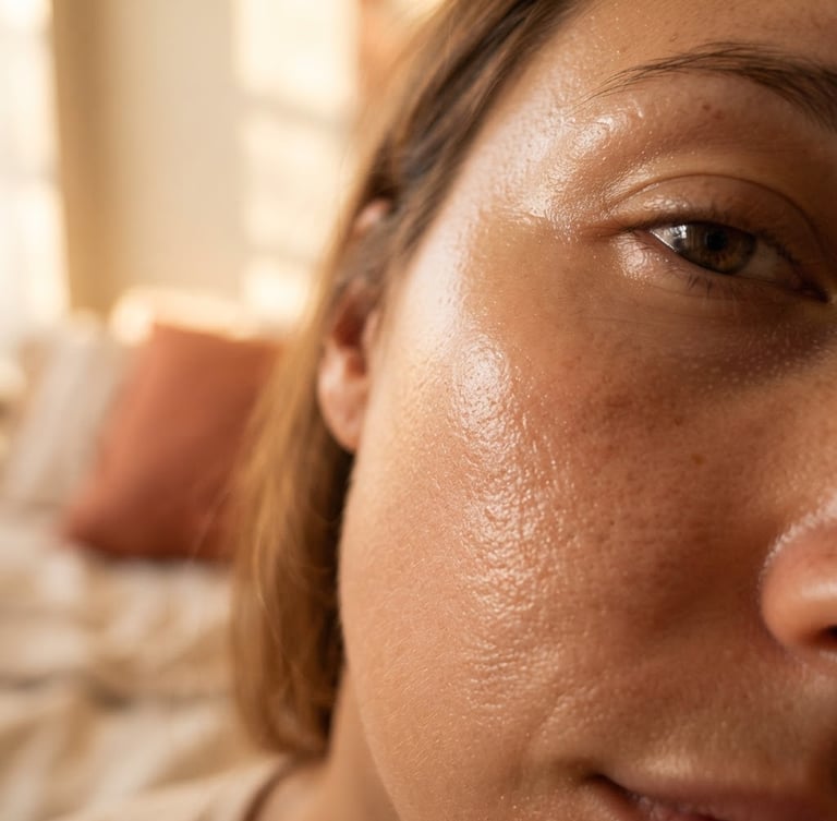 Close-up of real skin texture with natural dewiness under warm golden-hour window light, soft morning shadows, cream and terracotta tones