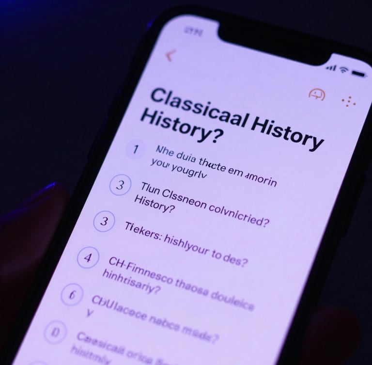 A close-up macro shot of a smartphone screen displaying a beautifully formatted trivia question about classical history, soft purple screen glow illuminating a hand, dark ambient background