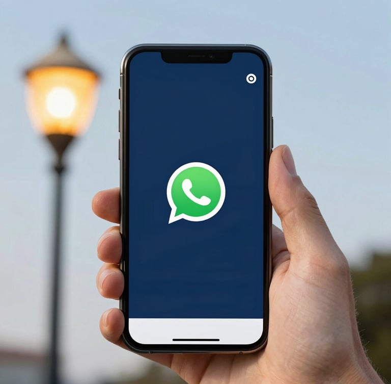 Close-up of a hand holding a modern smartphone displaying a WhatsApp location share screen, bright daylight, crisp editorial photography.