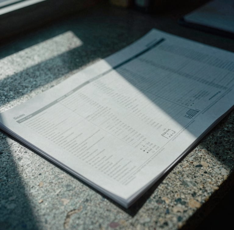 Close-up of printed financial reports on a heavy stone desk, cool-toned ambient daylight, sharp architectural shadows, 35mm