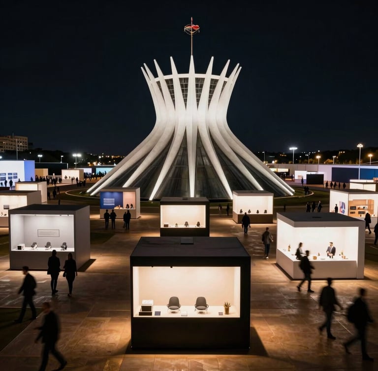 Wide-angle architectural photograph of a monumental exhibition pavilion in Brasília, dramatic stage lighting casting long shadows, modern geometric booth structures, subtle motion blur of attendees walking, high-contrast professional production.