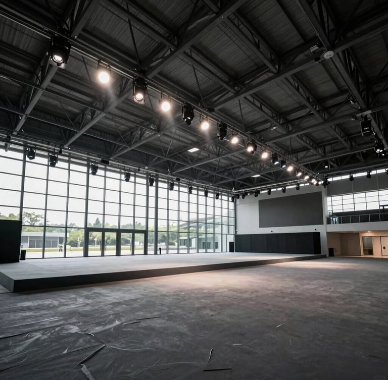 Wide-angle architectural event photography, dramatic venue lighting, high-contrast corporate tones, empty modern pavilion with steel structure and glass facade, ready for assembly, daylight pouring in.