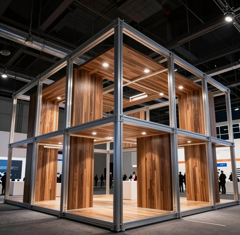 Close-up of a sophisticated modern exhibition stand structure, metallic frames and high-end wood paneling, architectural lighting, professional setup